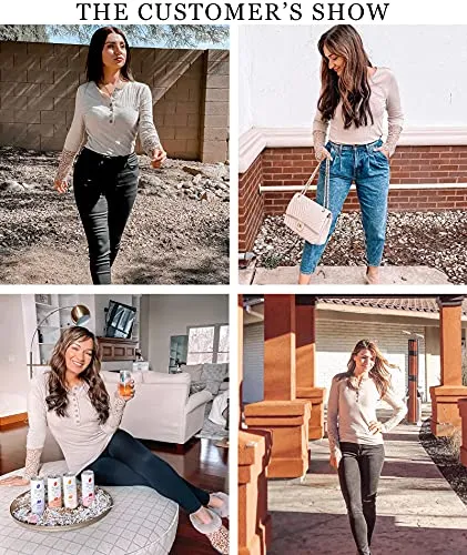 BTFBM Women Long Sleeve V Neck Button Up Solid Tops Blouses Trendy Slim Fit Lace Sleeves Ribbed Knit Casual Shirts Tunic (Lace White, Medium)