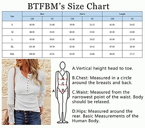 BTFBM Women Long Sleeve V Neck Button Up Solid Tops Blouses Trendy Slim Fit Lace Sleeves Ribbed Knit Casual Shirts Tunic (Lace White, Medium)