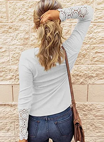 BTFBM Women Long Sleeve V Neck Button Up Solid Tops Blouses Trendy Slim Fit Lace Sleeves Ribbed Knit Casual Shirts Tunic (Lace White, Medium)
