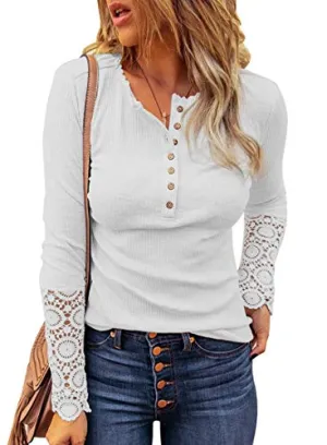 BTFBM Women Long Sleeve V Neck Button Up Solid Tops Blouses Trendy Slim Fit Lace Sleeves Ribbed Knit Casual Shirts Tunic (Lace White, Medium)