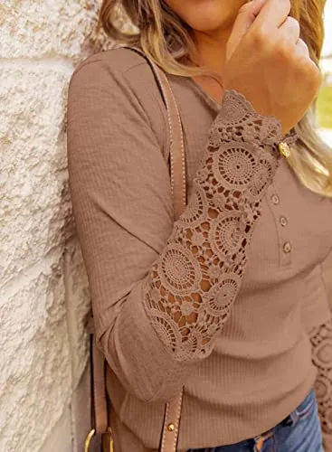 BTFBM Women Long Sleeve V Neck Button Up Solid Tops Blouses Trendy Slim Fit Lace Sleeves Ribbed Knit Casual Shirts Tunic(Lace Camel, Medium)