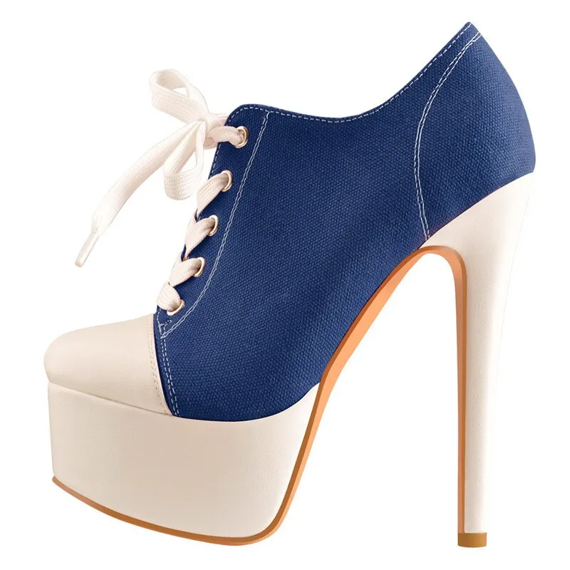 Canvas High Heel Platform Lace Up Round Toe Shoes