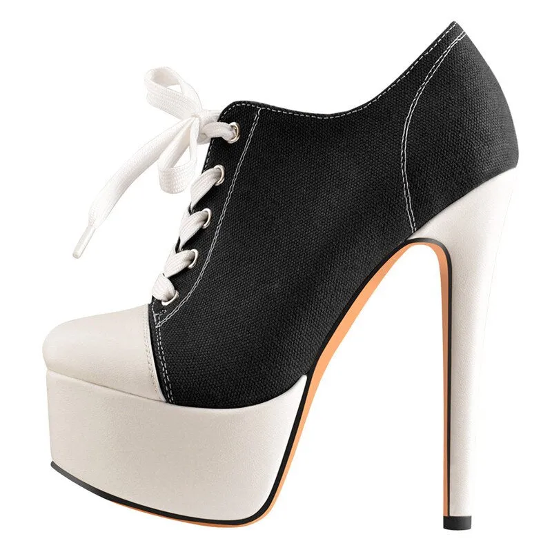 Canvas High Heel Platform Lace Up Round Toe Shoes