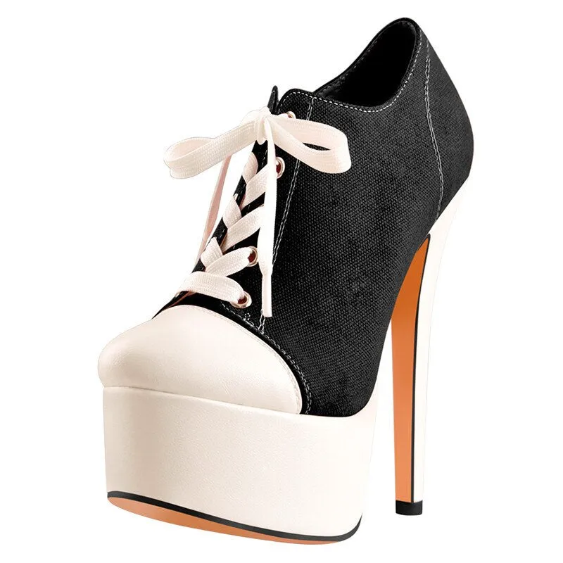 Canvas High Heel Platform Lace Up Round Toe Shoes
