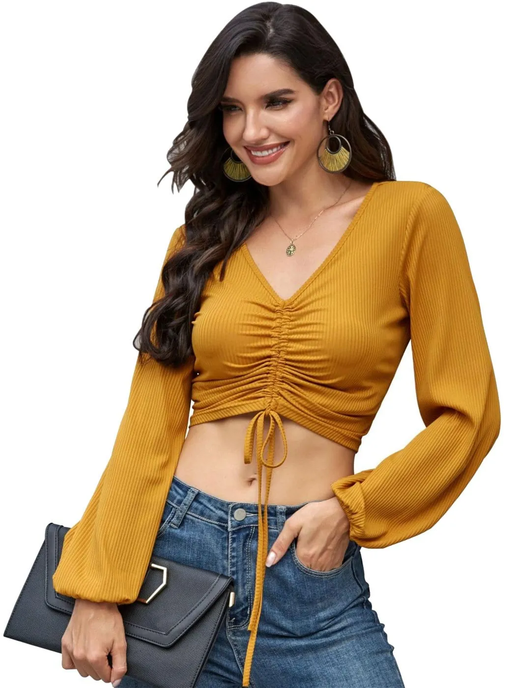 Casual Long Sleeve V Neck Ribbed Ruched Front Tie Crop Top Blouse