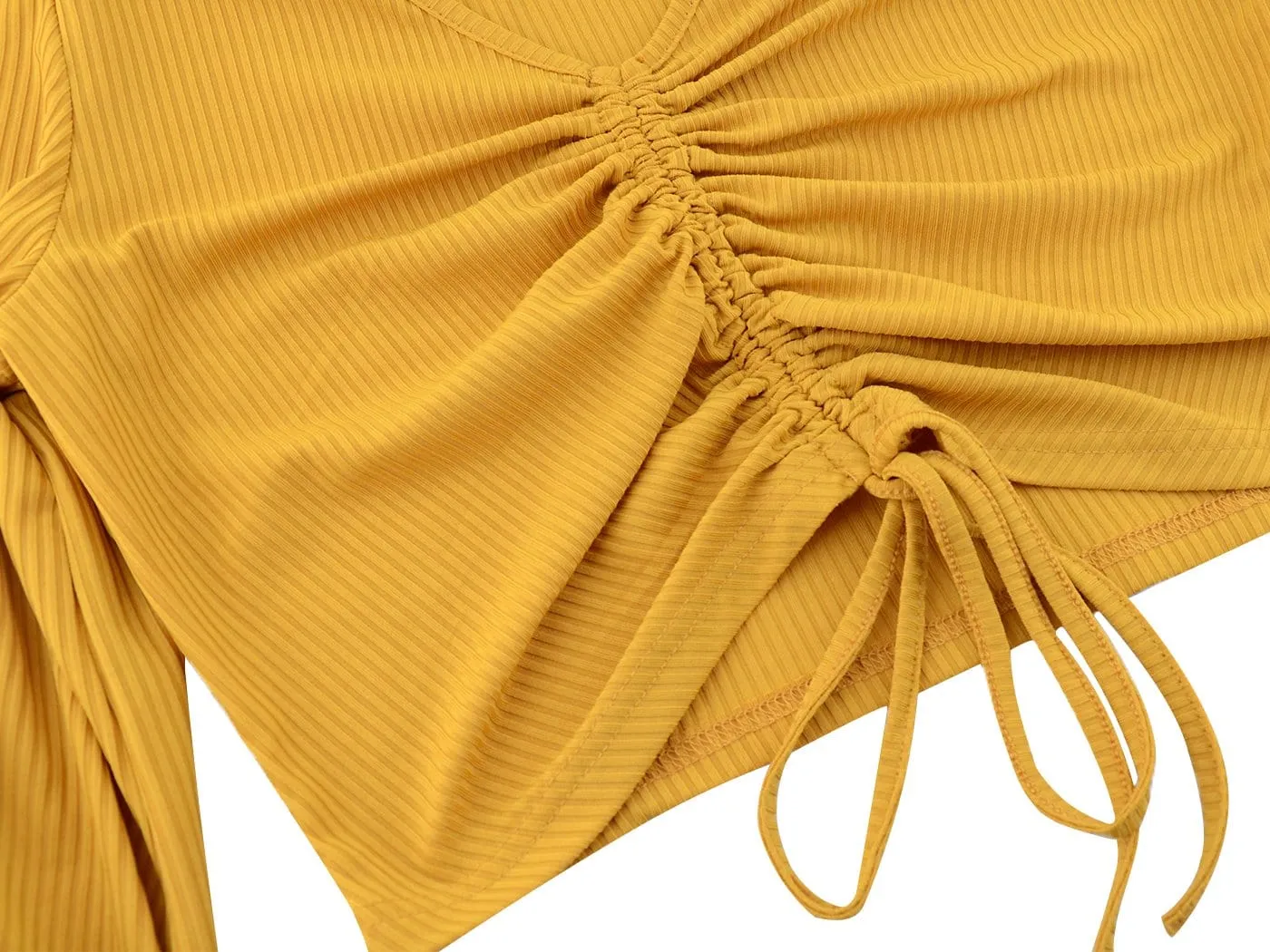 Casual Long Sleeve V Neck Ribbed Ruched Front Tie Crop Top Blouse