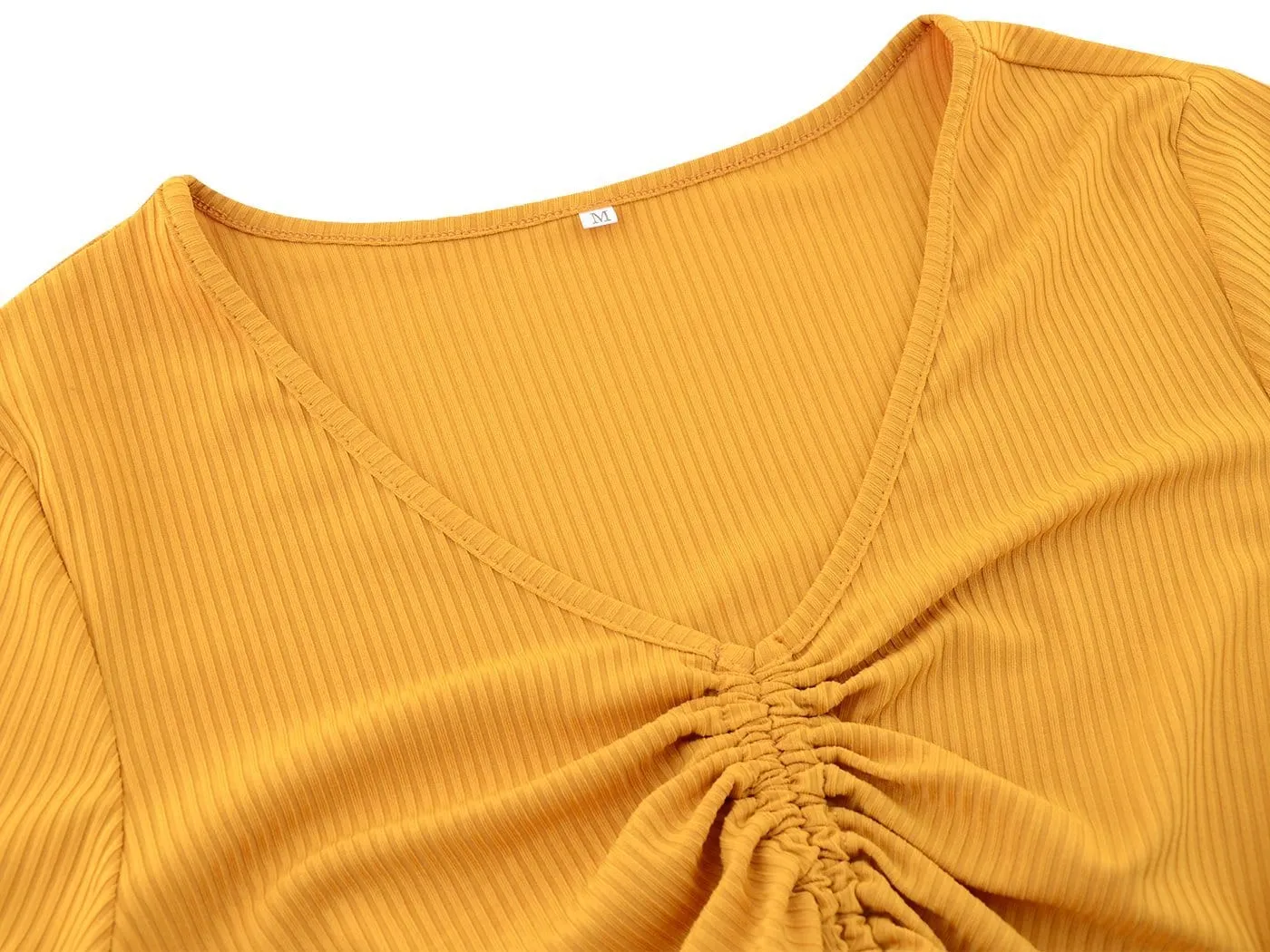 Casual Long Sleeve V Neck Ribbed Ruched Front Tie Crop Top Blouse