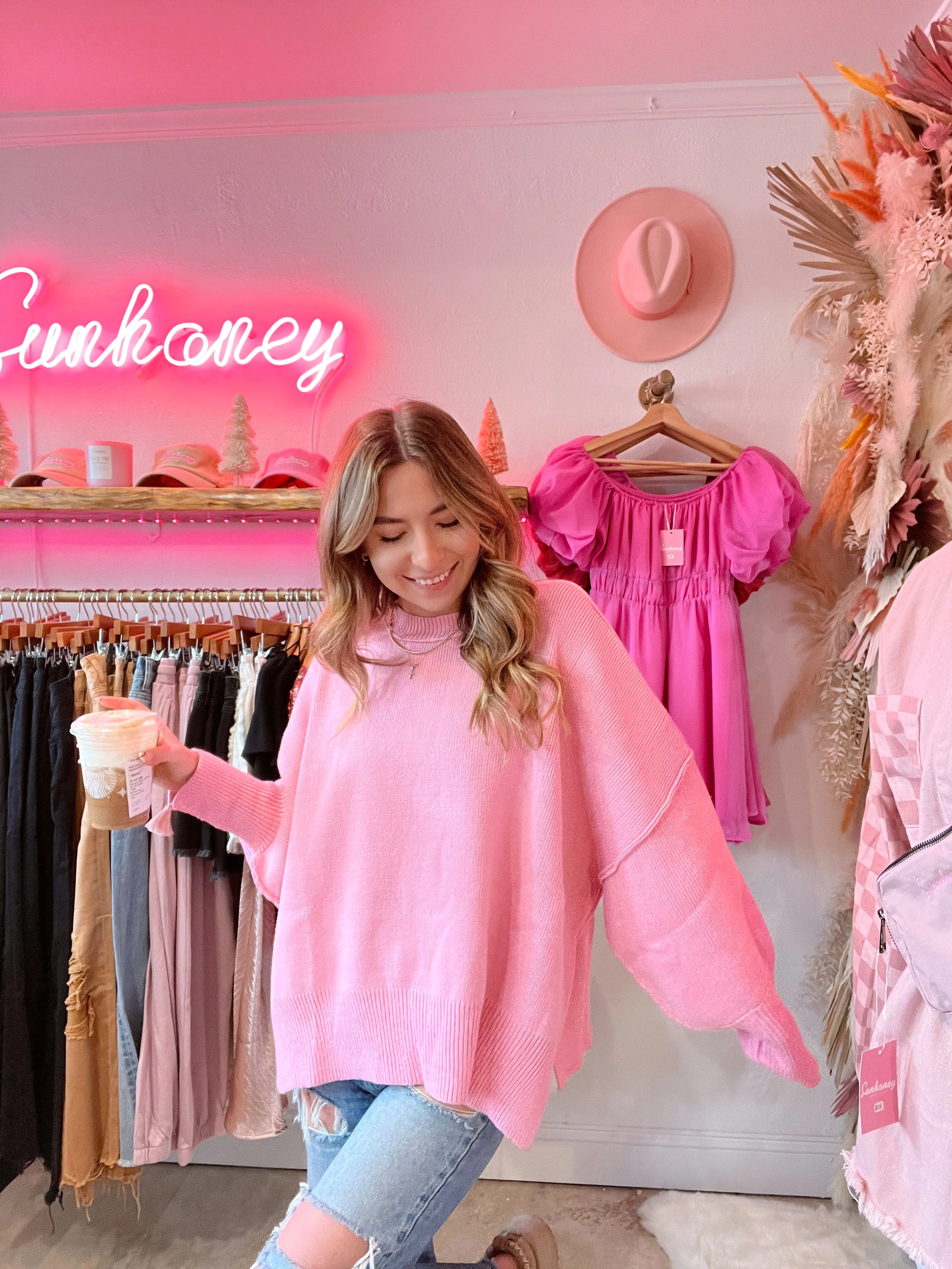 Let's Get Toasty Oversized Ribbed Sweater - Pink