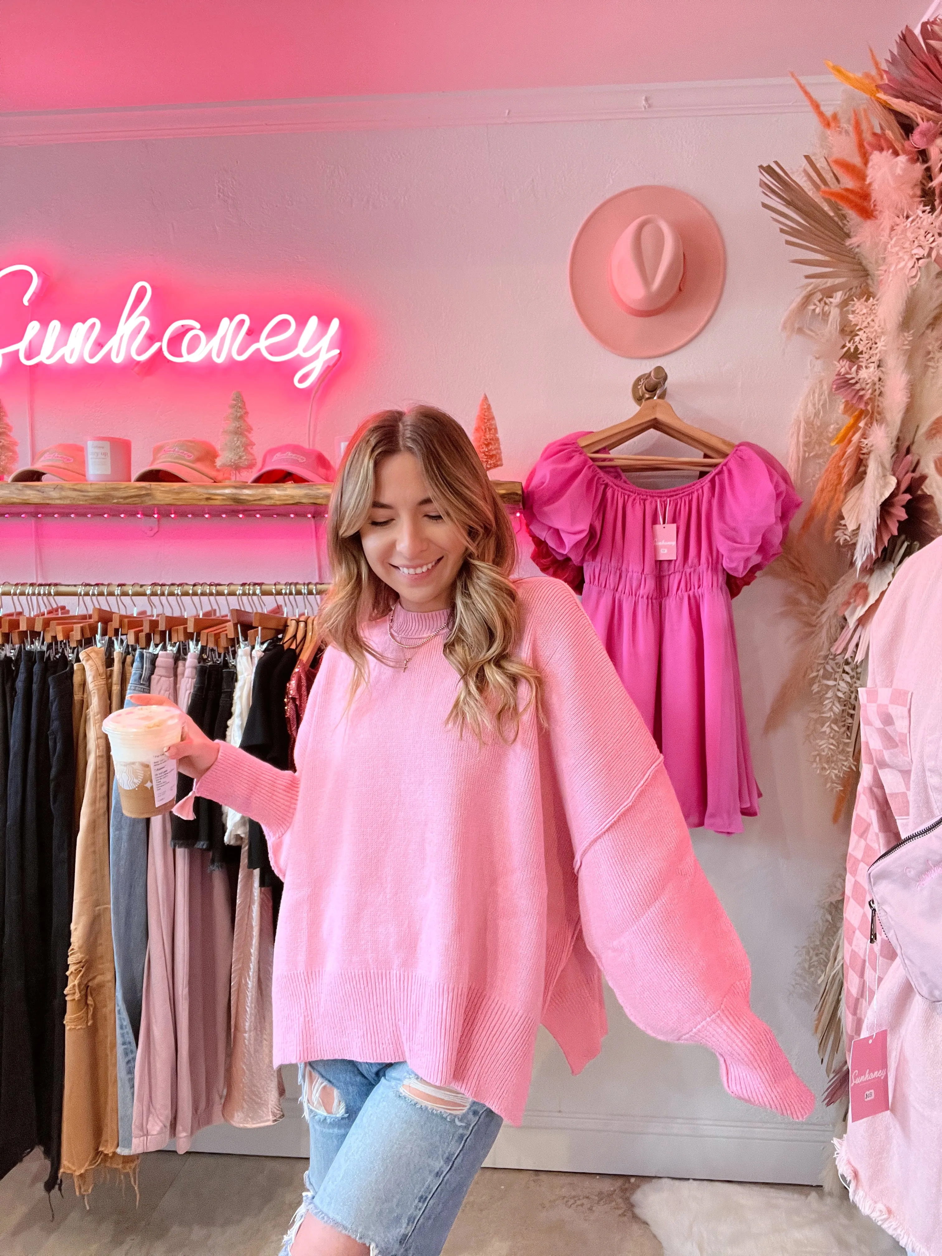 Let's Get Toasty Oversized Ribbed Sweater - Pink