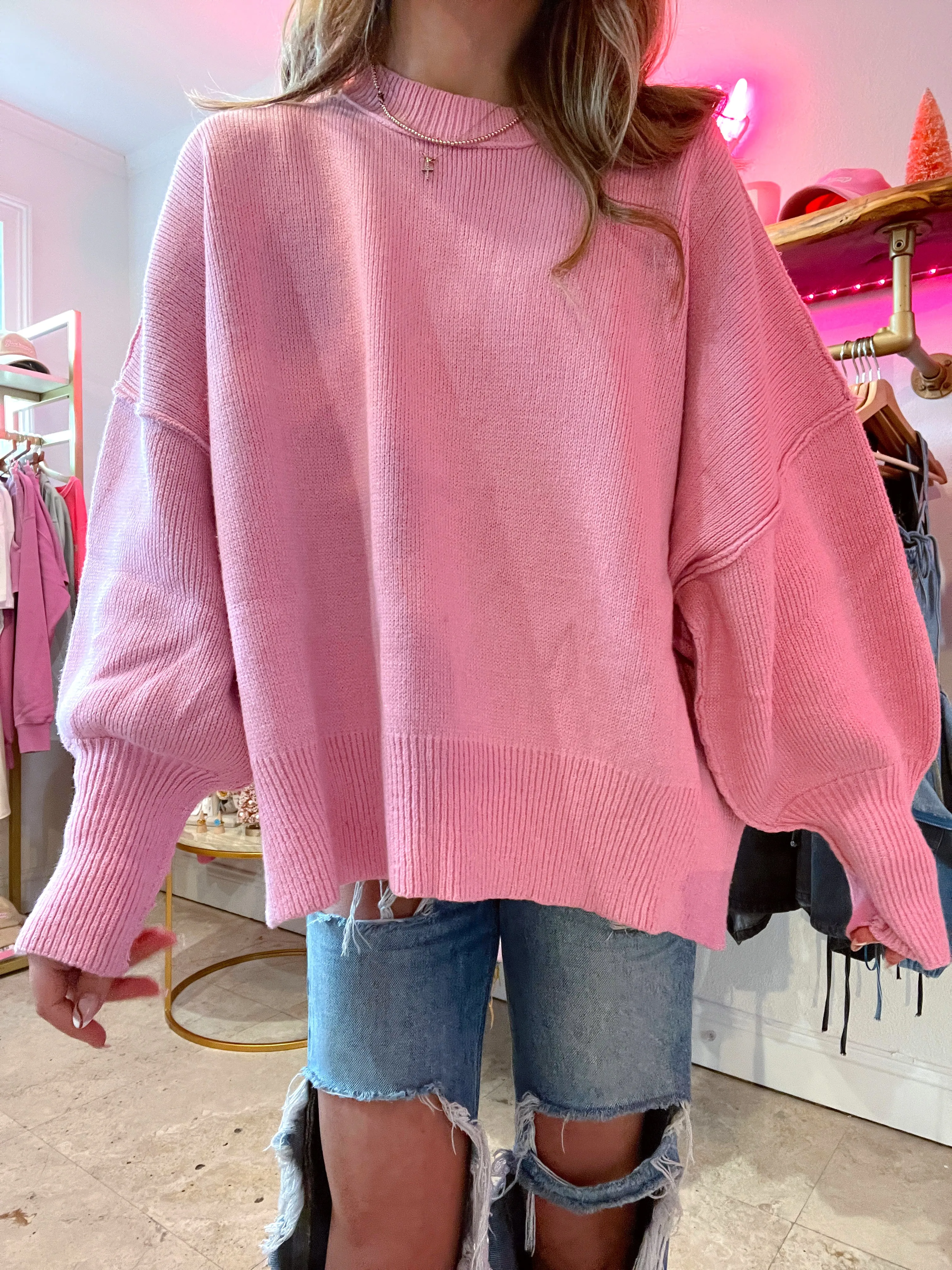 Let's Get Toasty Oversized Ribbed Sweater - Pink