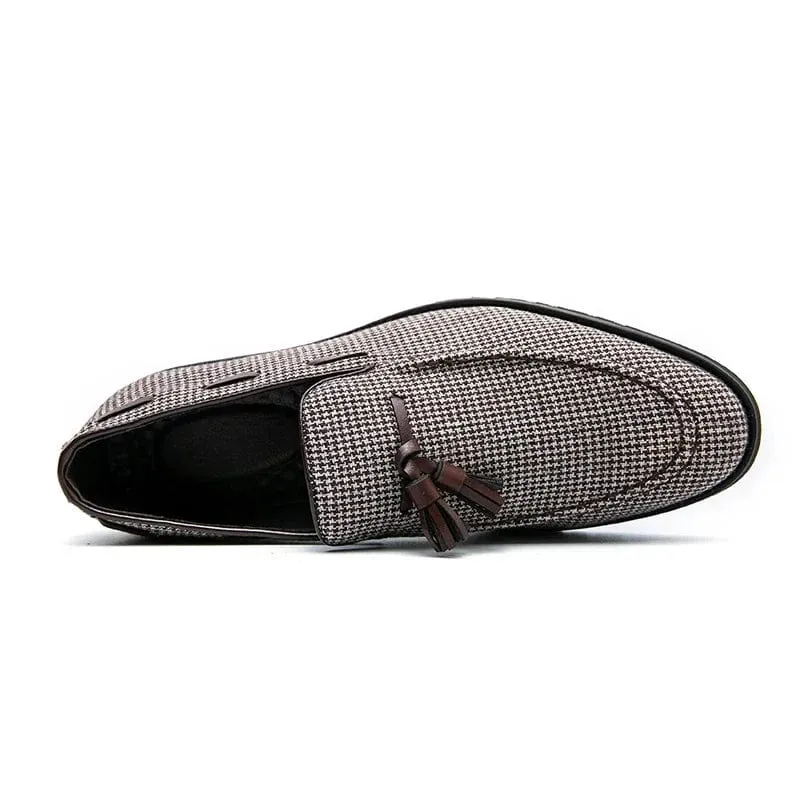 Men’s Brown Plaid Tassel Loafers – Breathable Canvas Fashion Business Casual Shoes