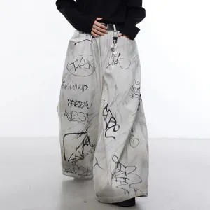 Men's Streetwear Oversized Beige Graffiti Wide Leg Trousers