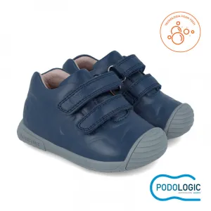Navy leather double velcro sneaker prewalker with gray sole
