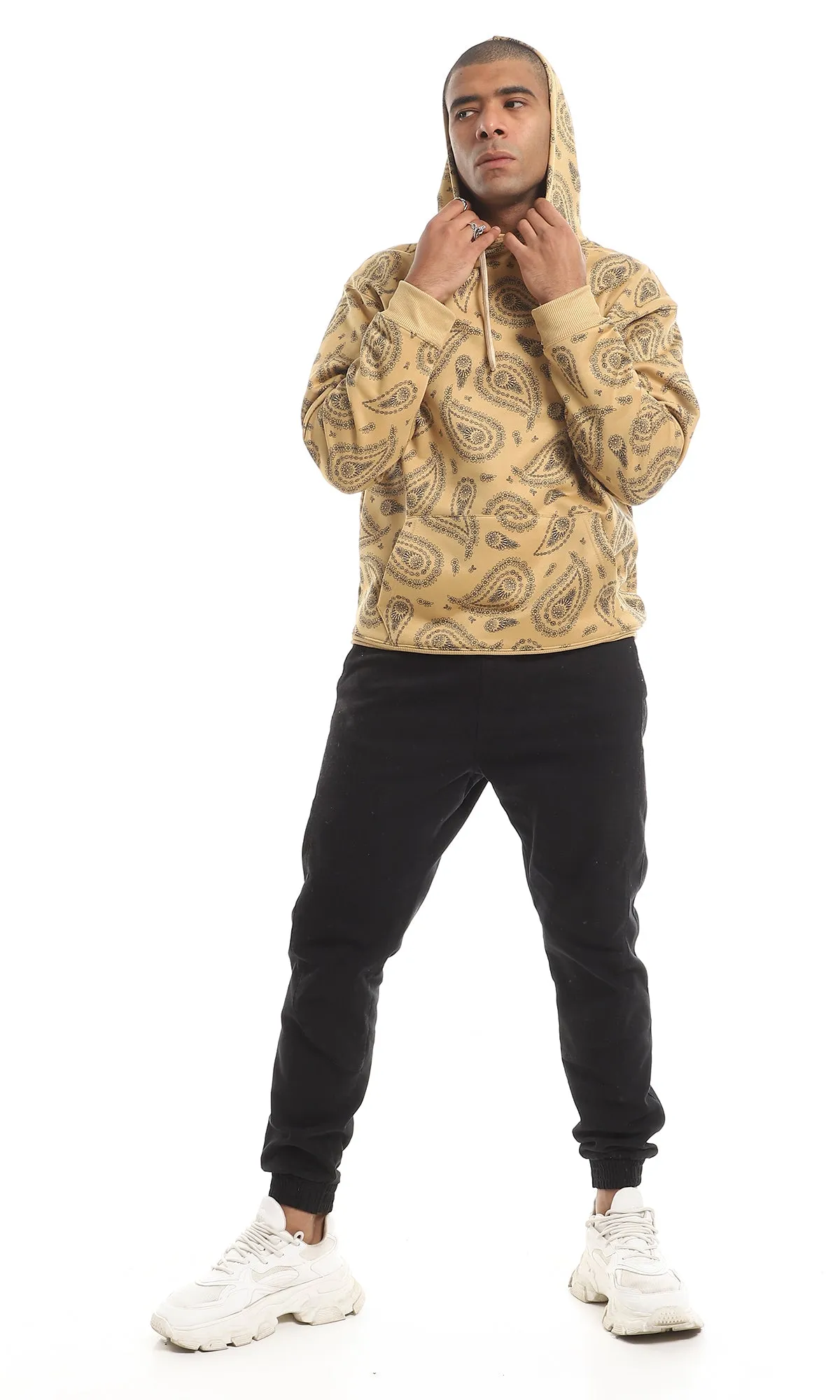 O151461 Paisely Pattern Kangaroo Pocket Hoodie - Havana