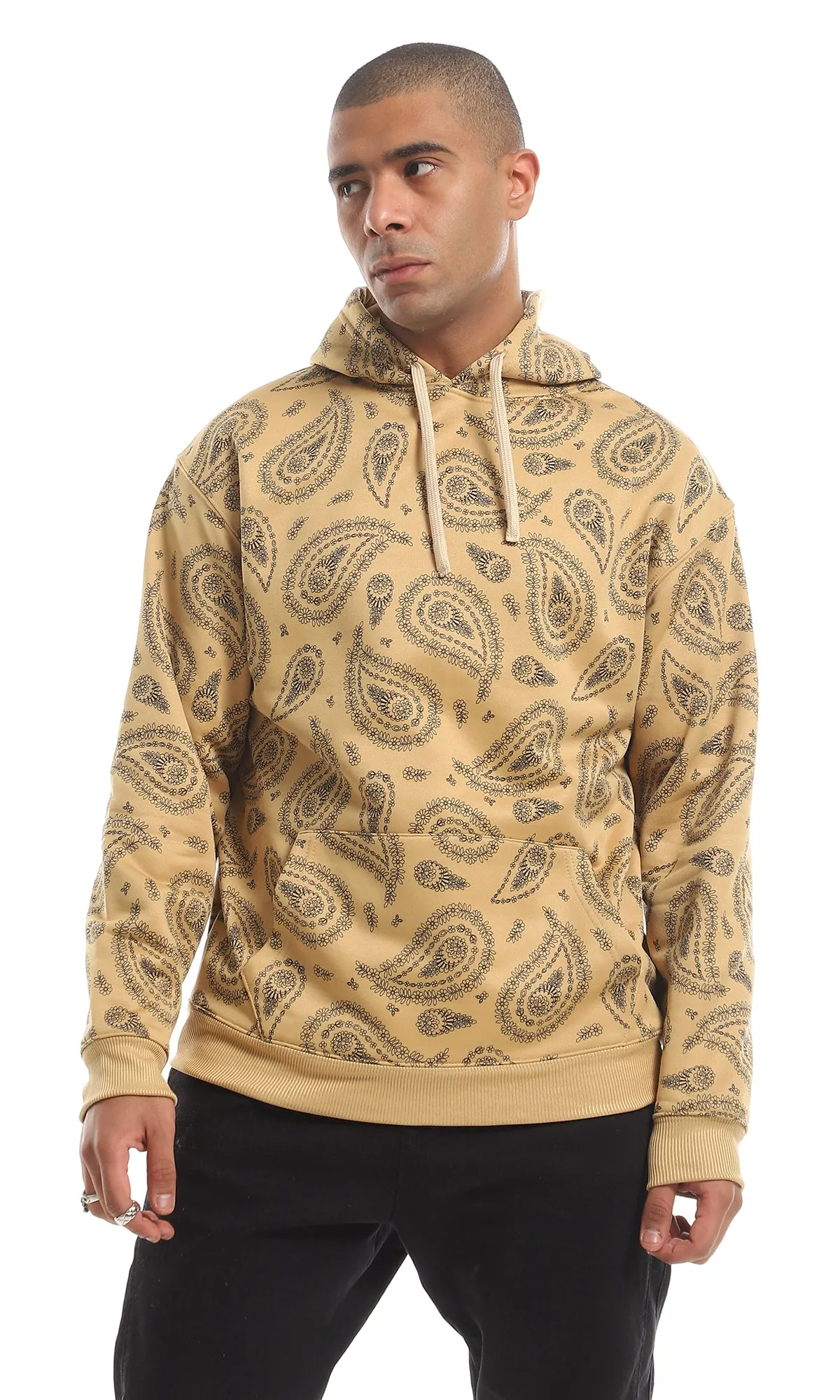 O151461 Paisely Pattern Kangaroo Pocket Hoodie - Havana