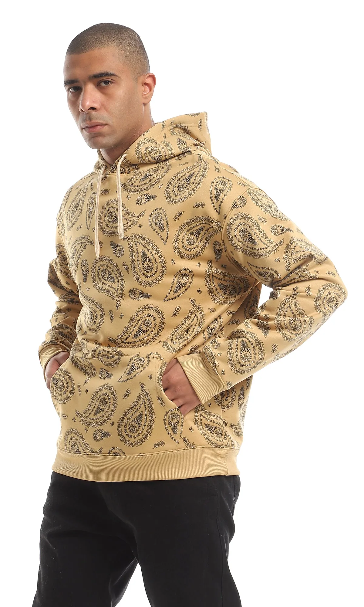 O151461 Paisely Pattern Kangaroo Pocket Hoodie - Havana