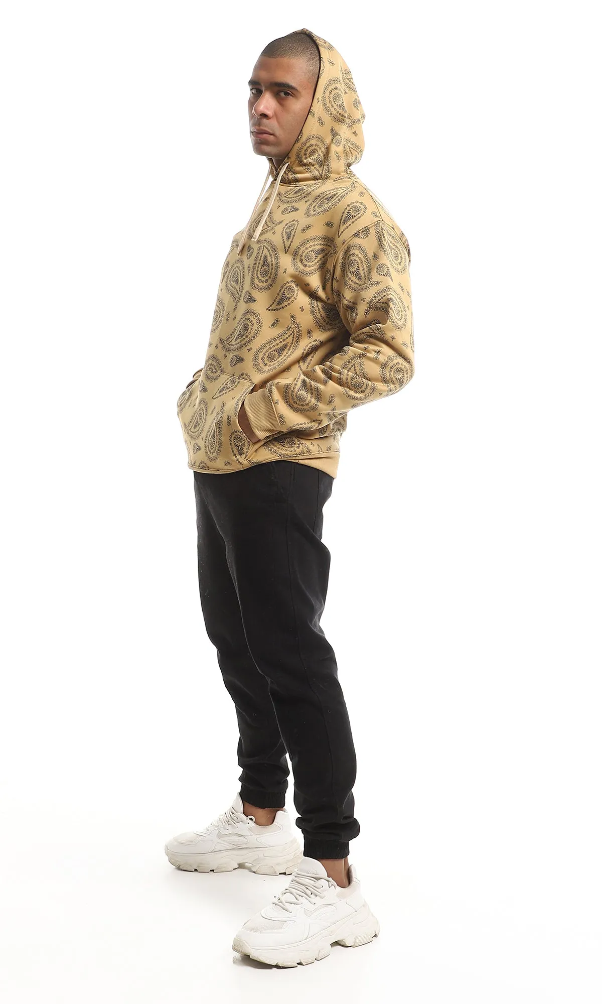 O151461 Paisely Pattern Kangaroo Pocket Hoodie - Havana