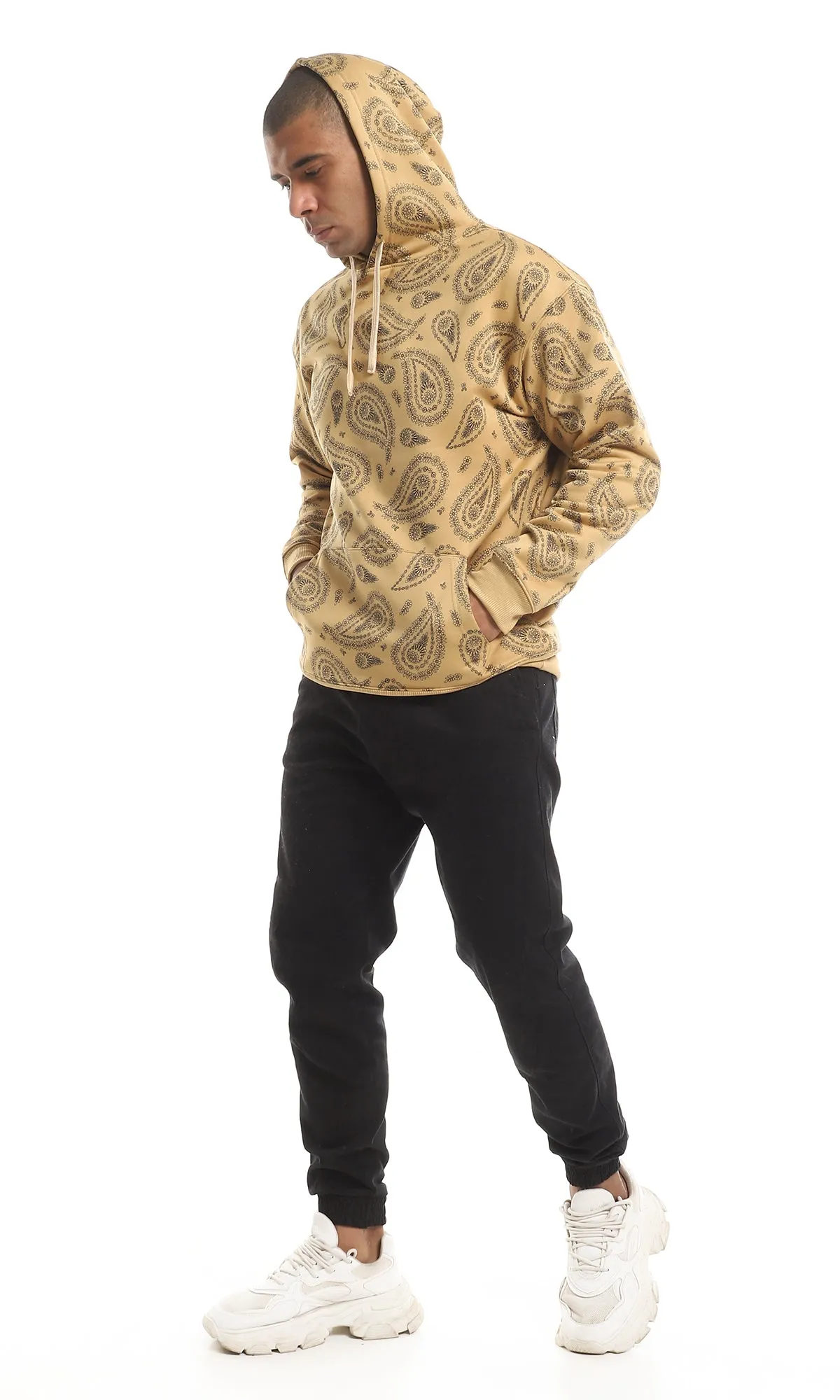 O151461 Paisely Pattern Kangaroo Pocket Hoodie - Havana