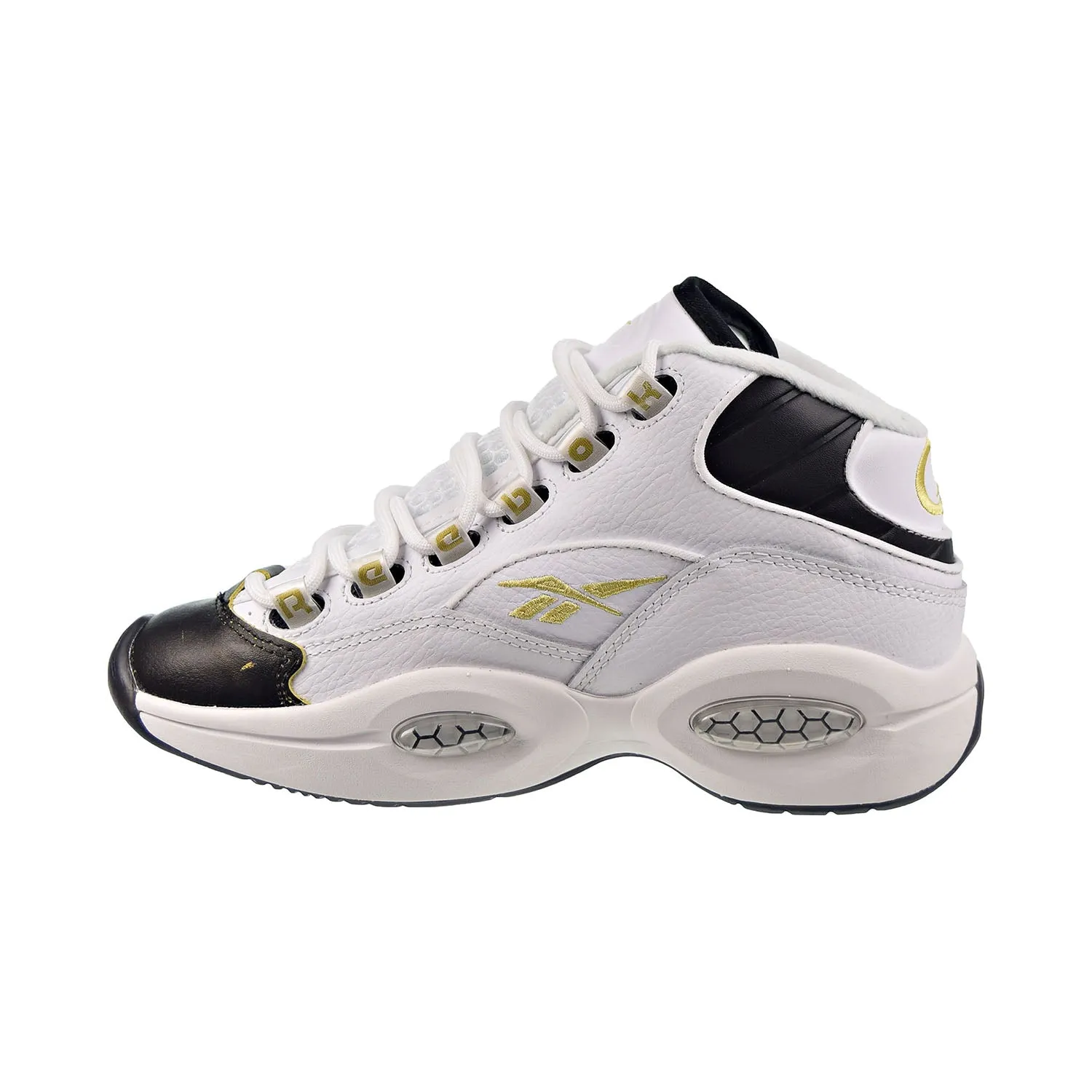 Reebok Question Mid "Black Toe" Big Kids' Shoes White-Black-Gold Met