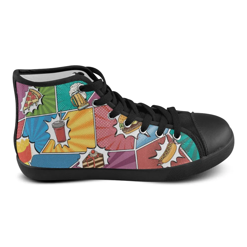 Women's Munchies Pop Art Print Canvas High Top Shoes (Black)
