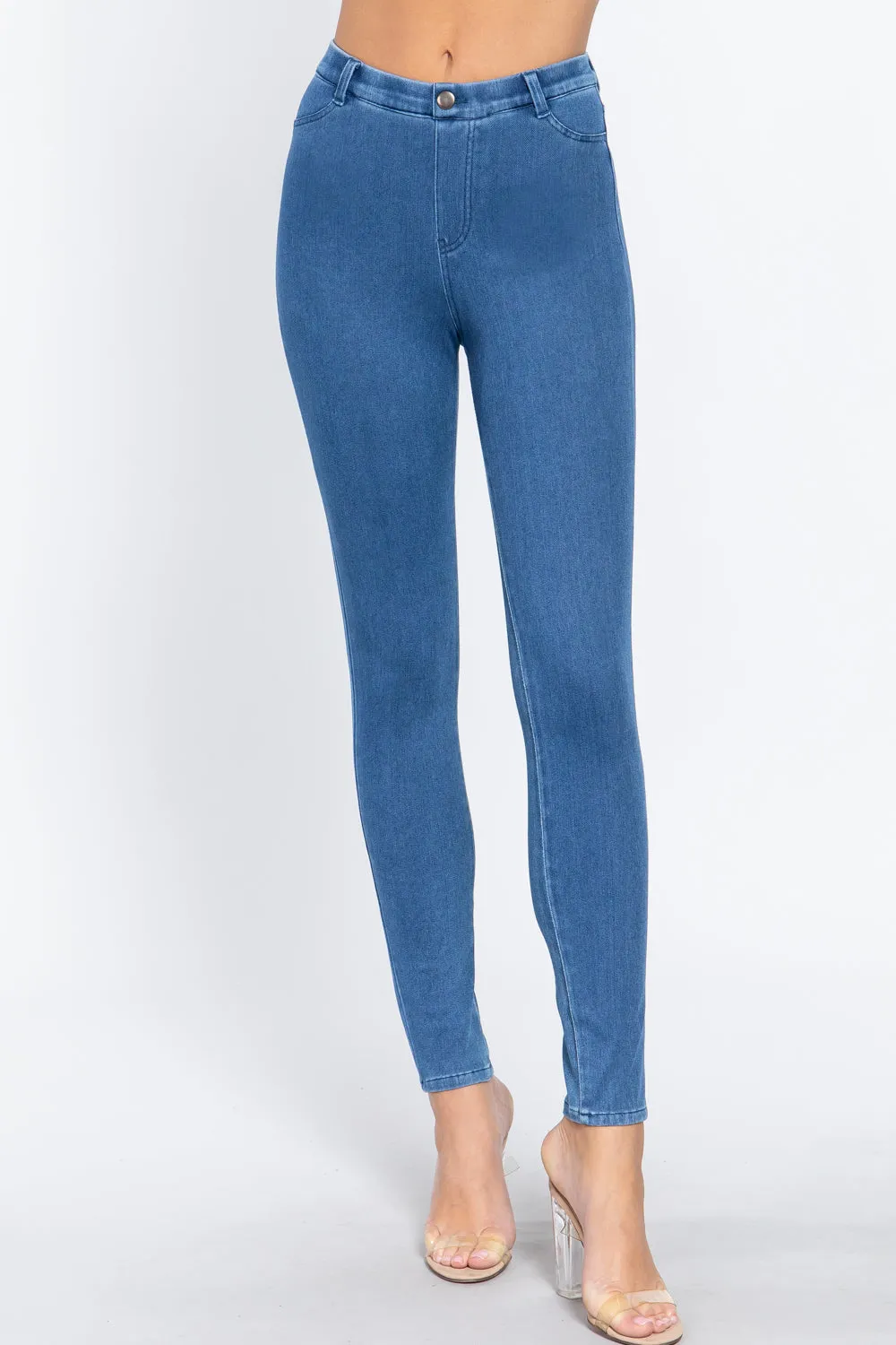 Women's Tack Button Knit Denim Full Length Blue Denim Jeggings