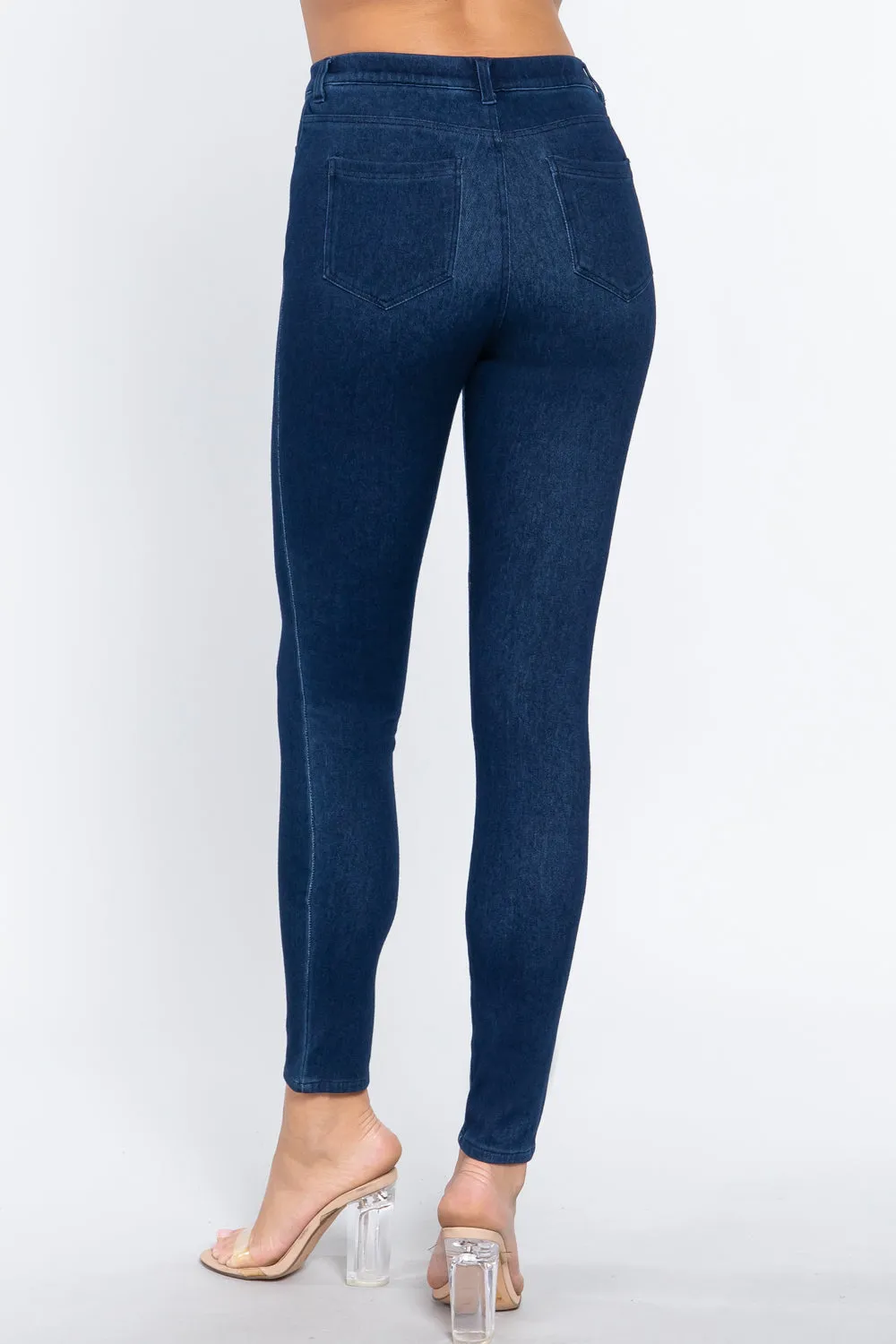 Women's Tack Button Knit Denim Full Length Blue Denim Jeggings