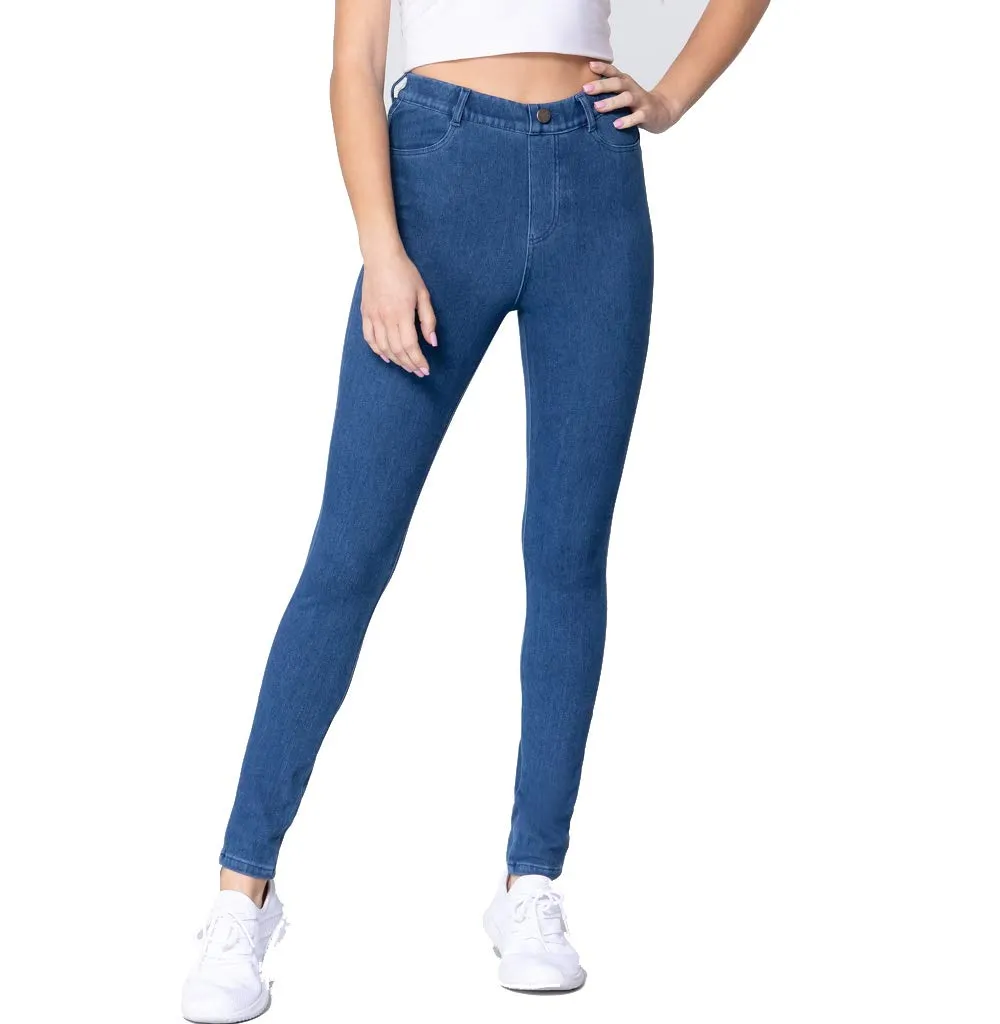 Women's Tack Button Knit Denim Full Length Blue Denim Jeggings
