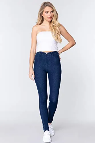 Women's Tack Button Knit Denim Full Length Blue Denim Jeggings