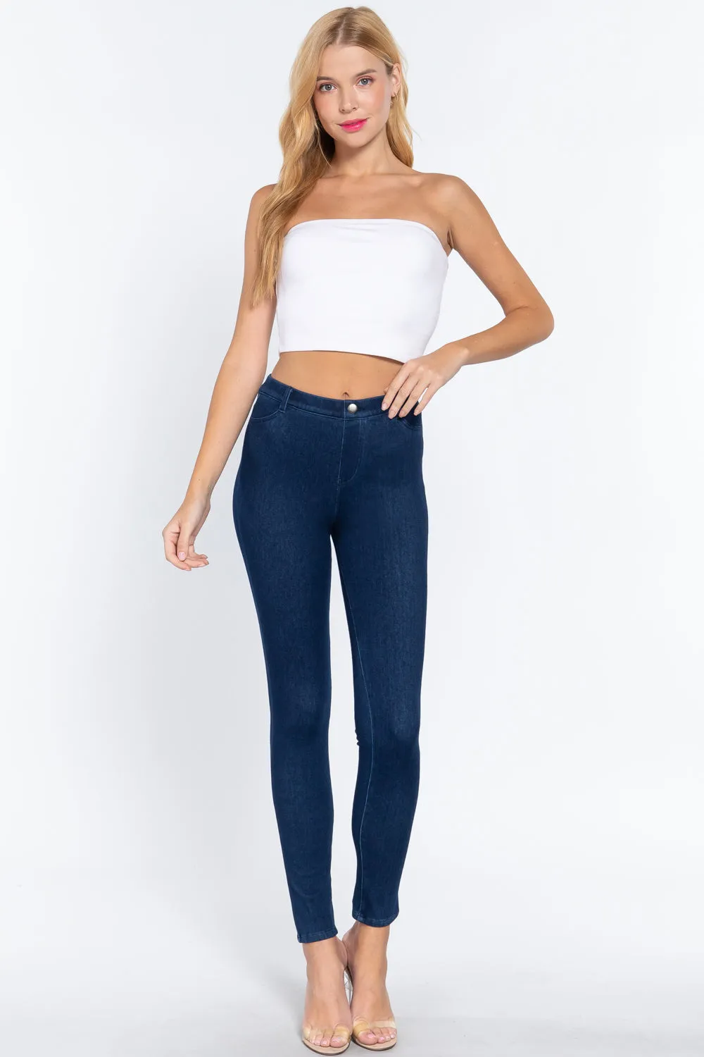 Women's Tack Button Knit Denim Full Length Blue Denim Jeggings