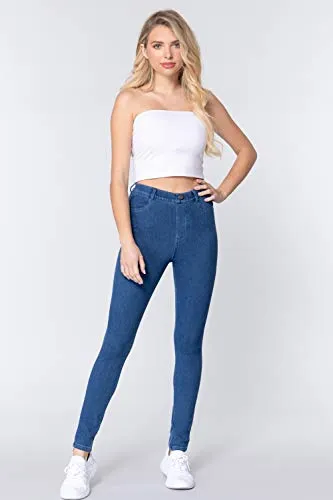 Women's Tack Button Knit Denim Full Length Blue Denim Jeggings