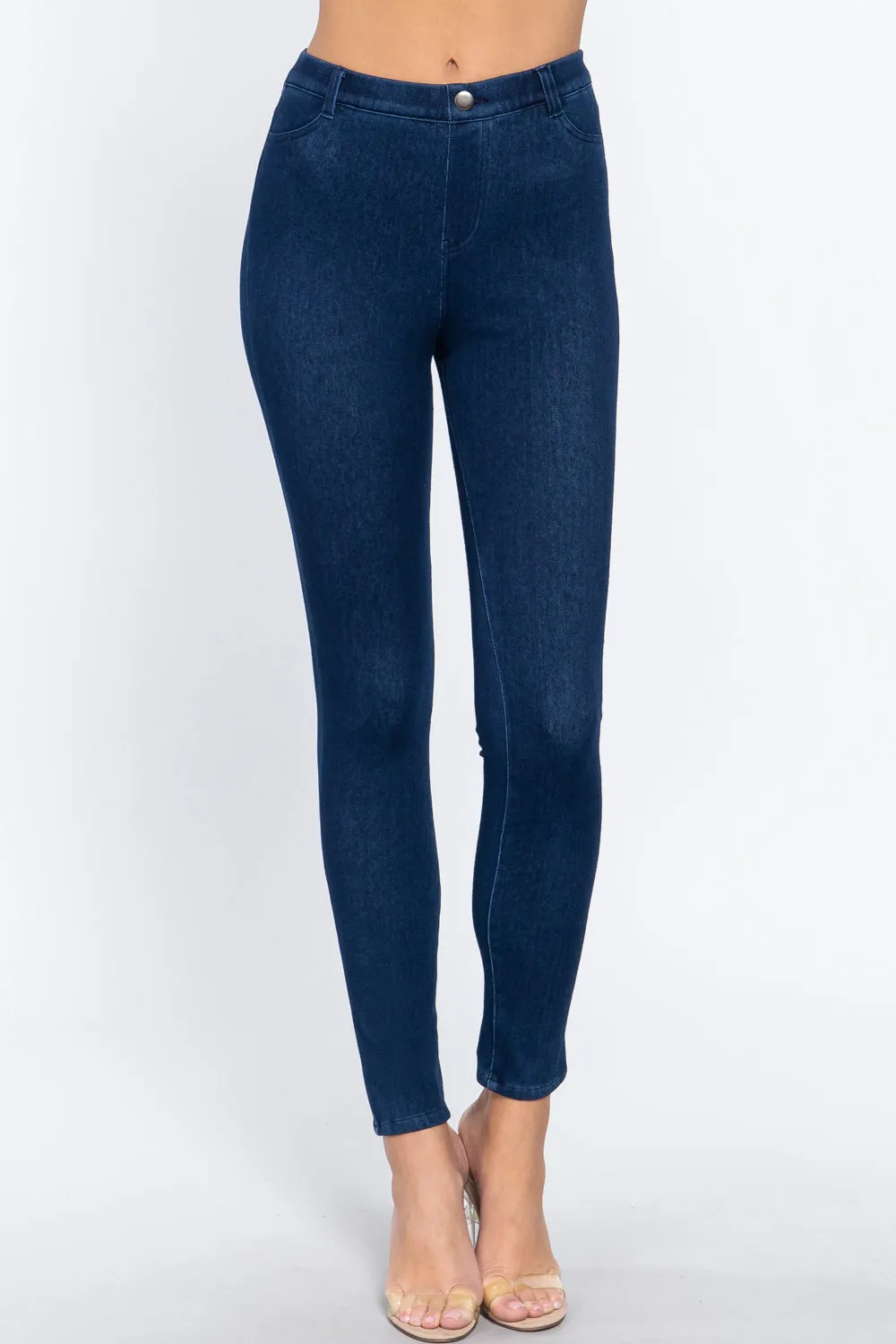 Women's Tack Button Knit Denim Full Length Blue Denim Jeggings