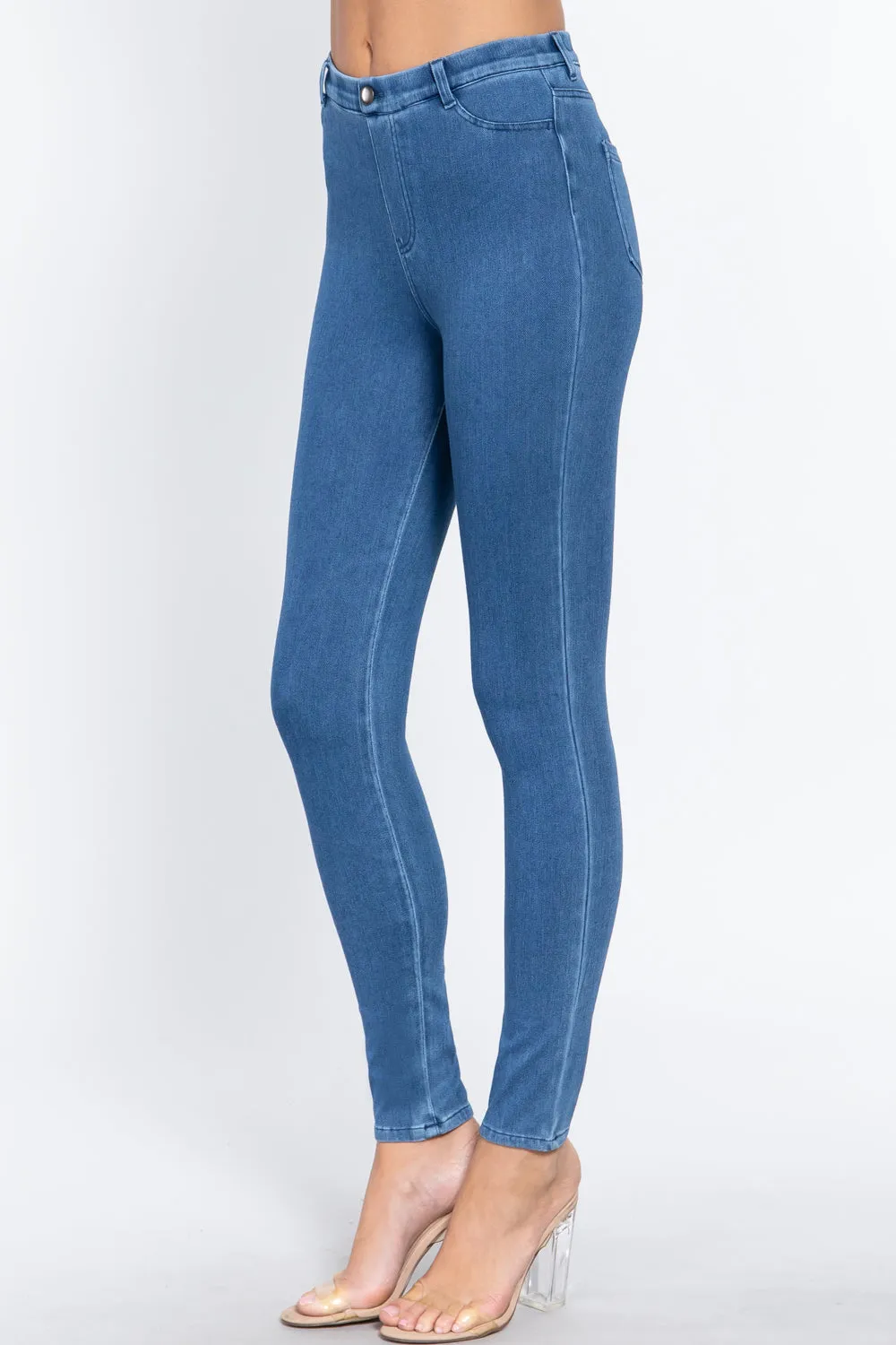 Women's Tack Button Knit Denim Full Length Blue Denim Jeggings