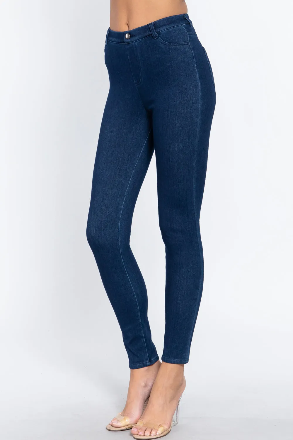 Women's Tack Button Knit Denim Full Length Blue Denim Jeggings