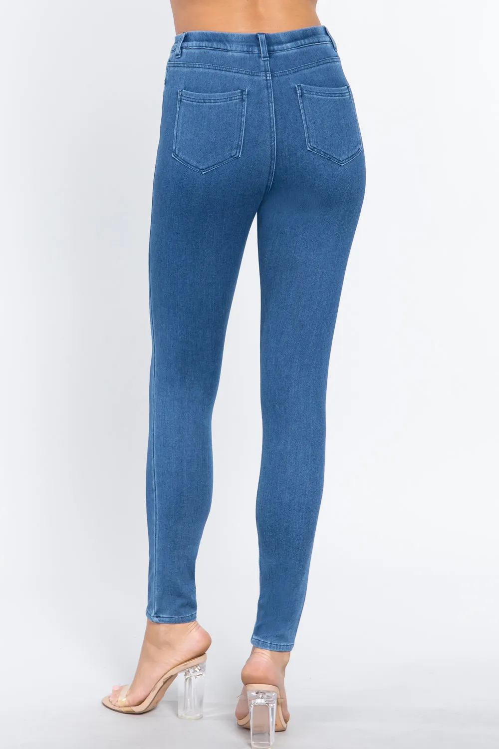 Women's Tack Button Knit Denim Full Length Blue Denim Jeggings