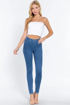 Women's Tack Button Knit Denim Full Length Blue Denim Jeggings